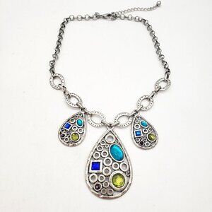 Laura Ashley Teardrop Gemstone Boho Tribal Silver Links Statement Necklace